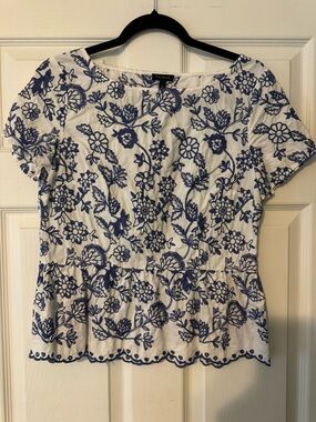 Talbots White Peplum Top with Blue Floral Embroidery